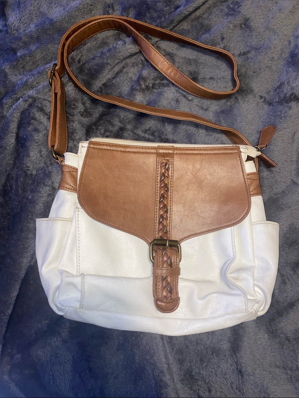 Bueno White and Brown Braided-Flap Crossbody Bag